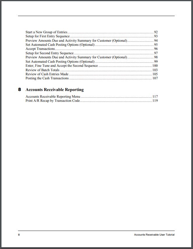 Table of Contents Page 2 for Accounts Receivable User Tutorial